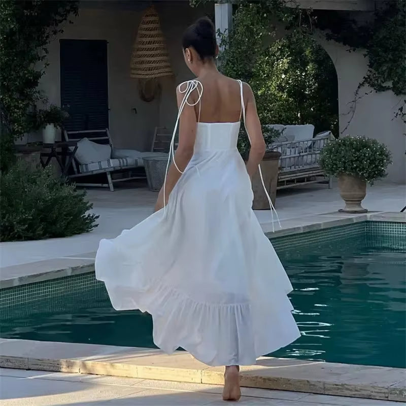 White Slip Long Dresses for Women Pleated Maxi Dress Woman 2025 Sexy Backless Womens Dresses Semi Sheer Beach Female Dress