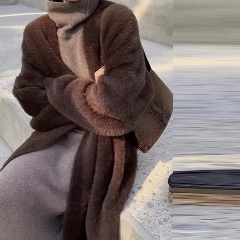 White Long Cardigan for Women 2025 New Winter Clothes Knitted Fluffy Long Sleeve Cashmere Sweater Coat Korean Style Warm Vintage