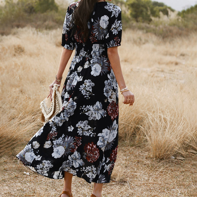 Floral Summer Beach Dress with V Neck Elastic Waist Dresses for Women