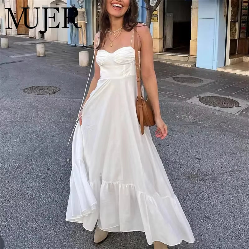 White Slip Long Dresses for Women Pleated Maxi Dress Woman 2025 Sexy Backless Womens Dresses Semi Sheer Beach Female Dress