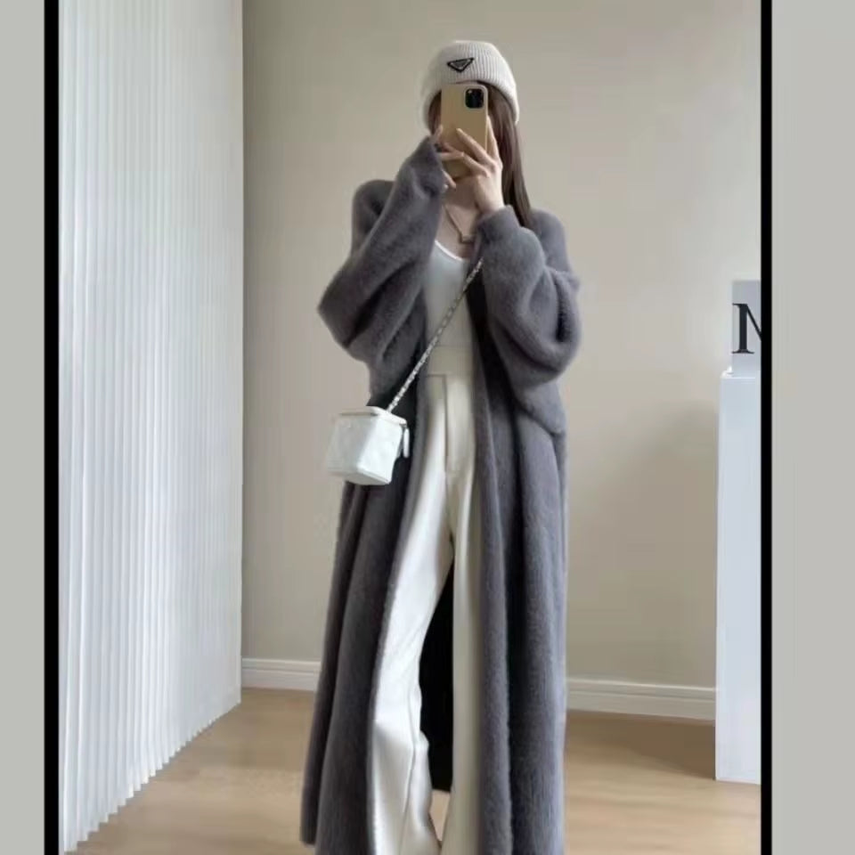 White Long Cardigan for Women 2025 New Winter Clothes Knitted Fluffy Long Sleeve Cashmere Sweater Coat Korean Style Warm Vintage