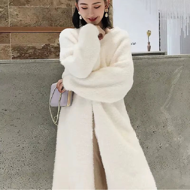 White Long Cardigan for Women 2025 New Winter Clothes Knitted Fluffy Long Sleeve Cashmere Sweater Coat Korean Style Warm Vintage