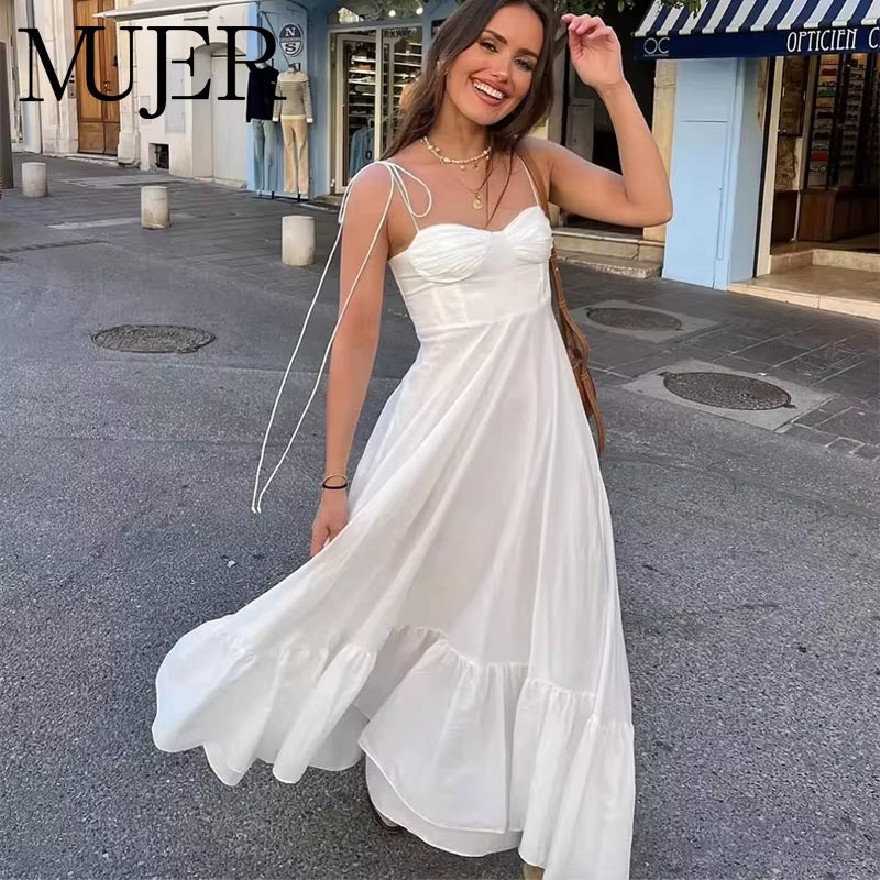 White Slip Long Dresses for Women Pleated Maxi Dress Woman 2025 Sexy Backless Womens Dresses Semi Sheer Beach Female Dress