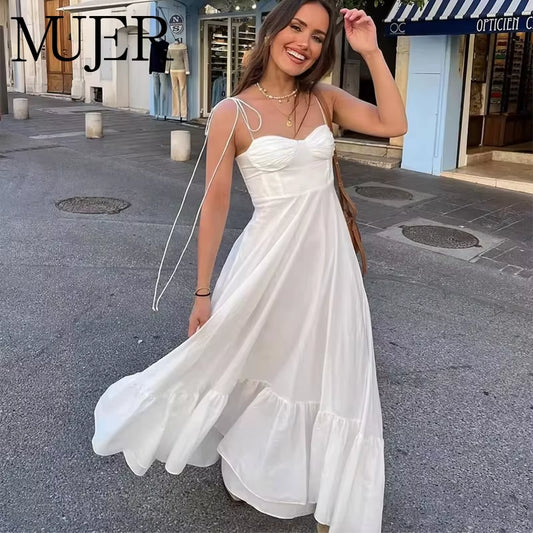 White Slip Long Dresses for Women Pleated Maxi Dress Woman 2025 Sexy Backless Womens Dresses Semi Sheer Beach Female Dress