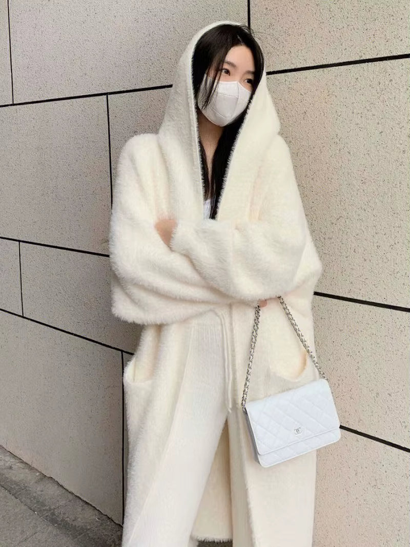 White Long Cardigan for Women 2025 New Winter Clothes Knitted Fluffy Long Sleeve Cashmere Sweater Coat Korean Style Warm Vintage