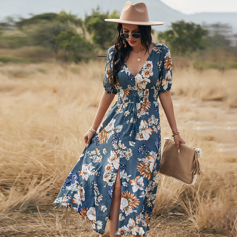 Floral Summer Beach Dress with V Neck Elastic Waist Dresses for Women