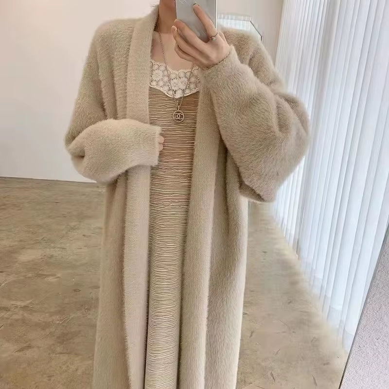 White Long Cardigan for Women 2025 New Winter Clothes Knitted Fluffy Long Sleeve Cashmere Sweater Coat Korean Style Warm Vintage