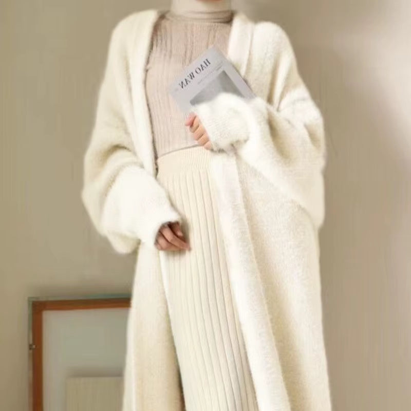 White Long Cardigan for Women 2025 New Winter Clothes Knitted Fluffy Long Sleeve Cashmere Sweater Coat Korean Style Warm Vintage