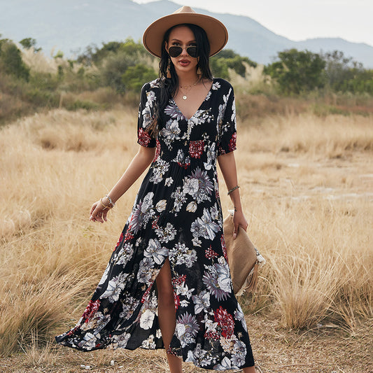 Floral Summer Beach Dress with V Neck Elastic Waist Dresses for Women